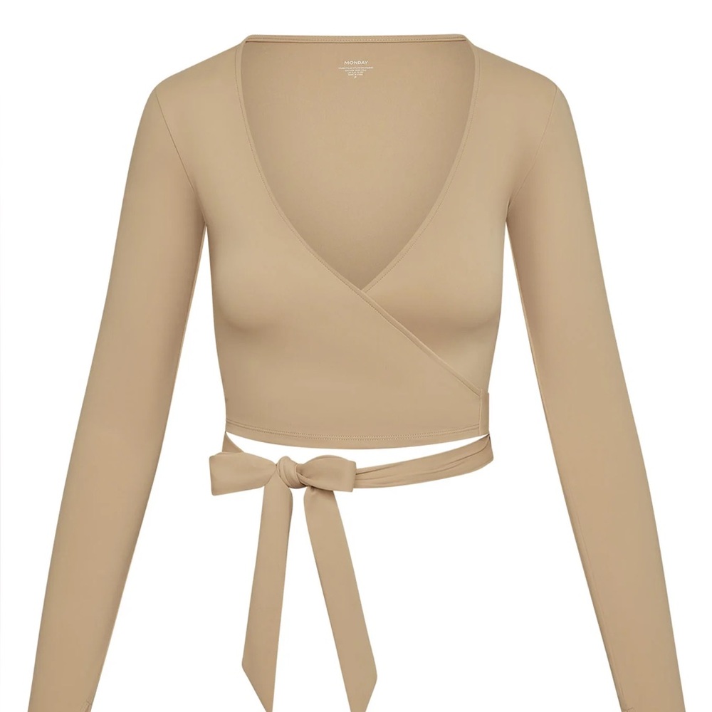 Wrap Front Long-Sleeve Crop Top in Beige